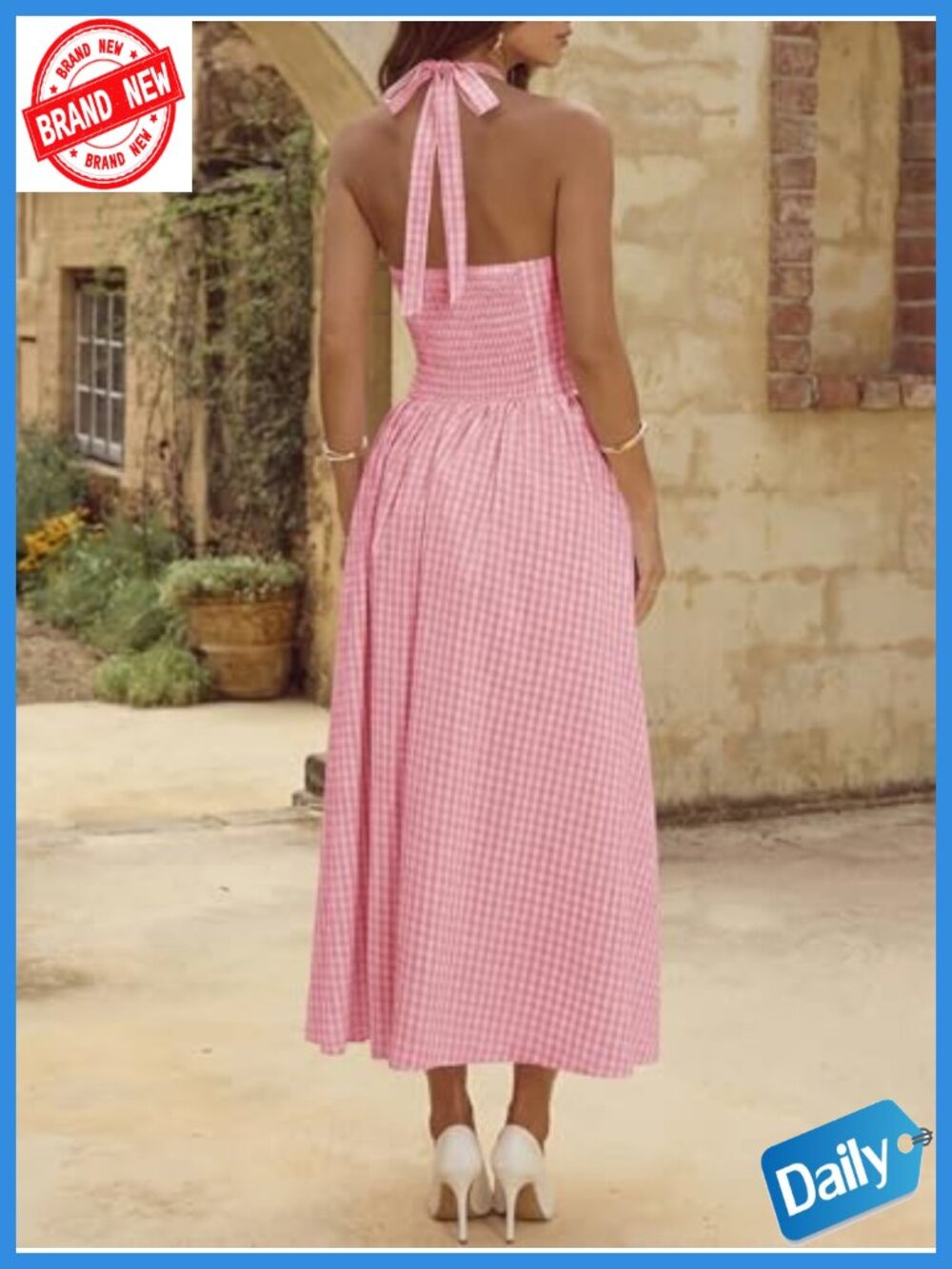 Wenrine Womens Halter V Neck Corset Maxi Dress Summer Plaid Smocked Tie Back - Picture 2 of 6